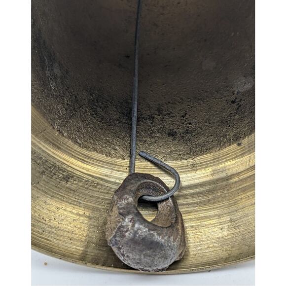 VTG Hand Held Brass w Wood Handle School Dinner Bell 9" India Signal Etched NICE - Picture 10 of 12